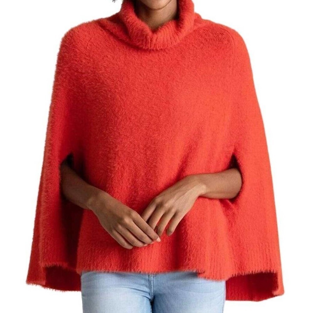 Mer Sea Size P (One Size) Orange Stretch Turtleneck Eyelash Poncho Sweater